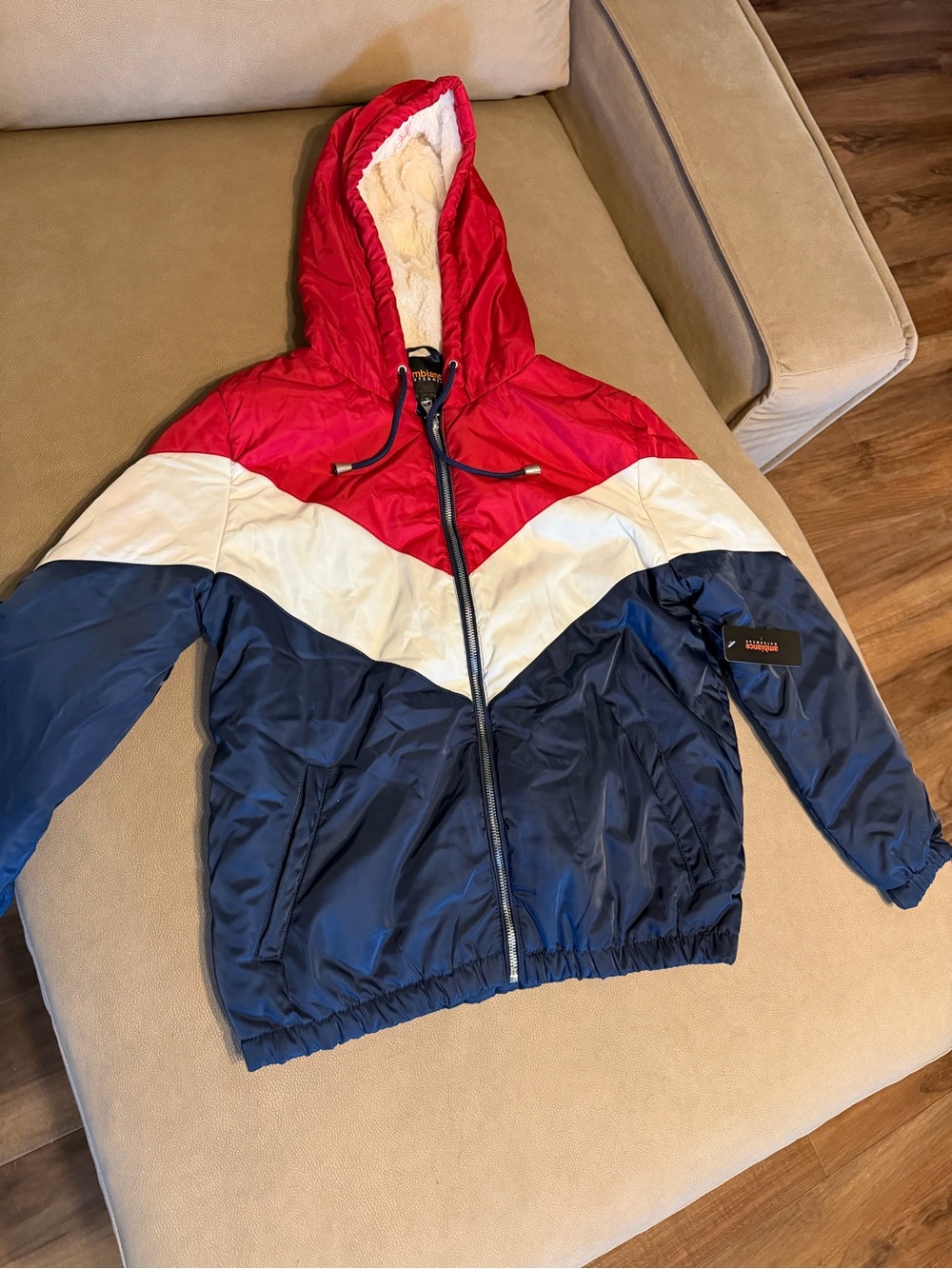 Ambiance Red, White & Navy Hooded Colorblock Puffer Jacket